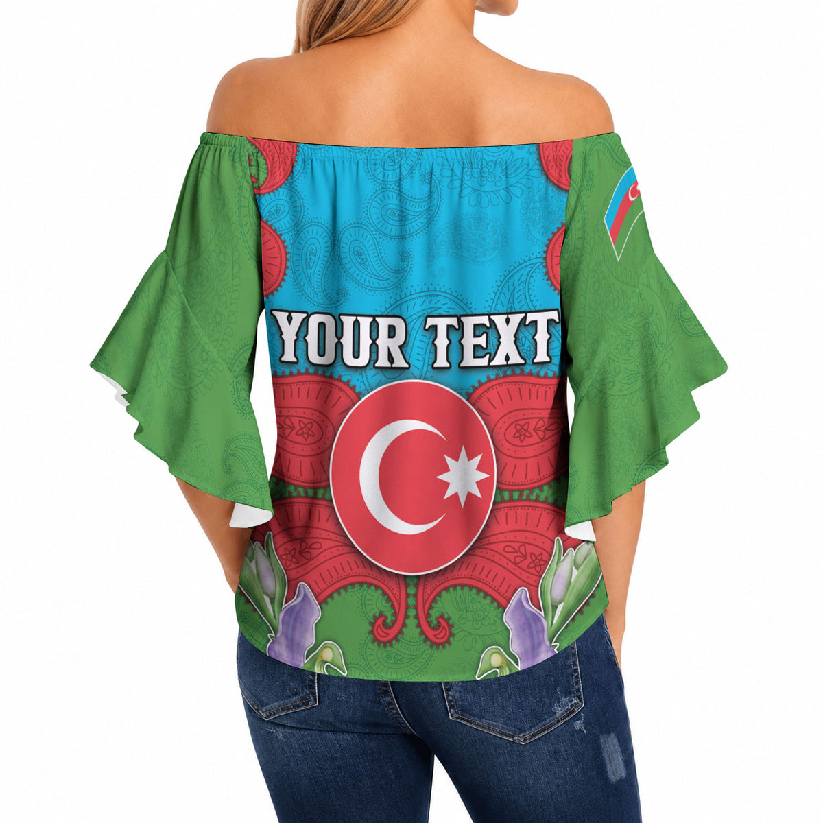 Personalized Azerbaijan Off Shoulder Wrap Waist Top Khari Bulbul Buta Pattern Emblem Flame