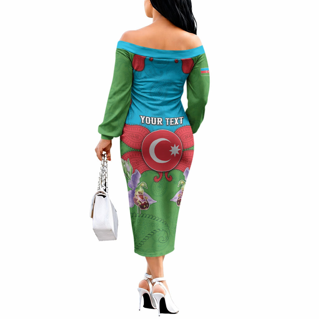 Personalized Azerbaijan Off The Shoulder Long Sleeve Dress Khari Bulbul Buta Pattern Emblem Flame