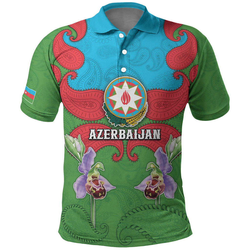 Personalized Azerbaijan Polo Shirt Khari Bulbul Buta Pattern Emblem Flame