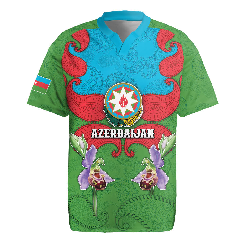 Personalized Azerbaijan Rugby Jersey Khari Bulbul Buta Pattern Emblem Flame