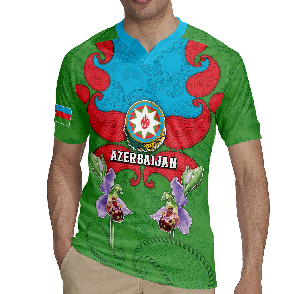 Personalized Azerbaijan Rugby Jersey Khari Bulbul Buta Pattern Emblem Flame