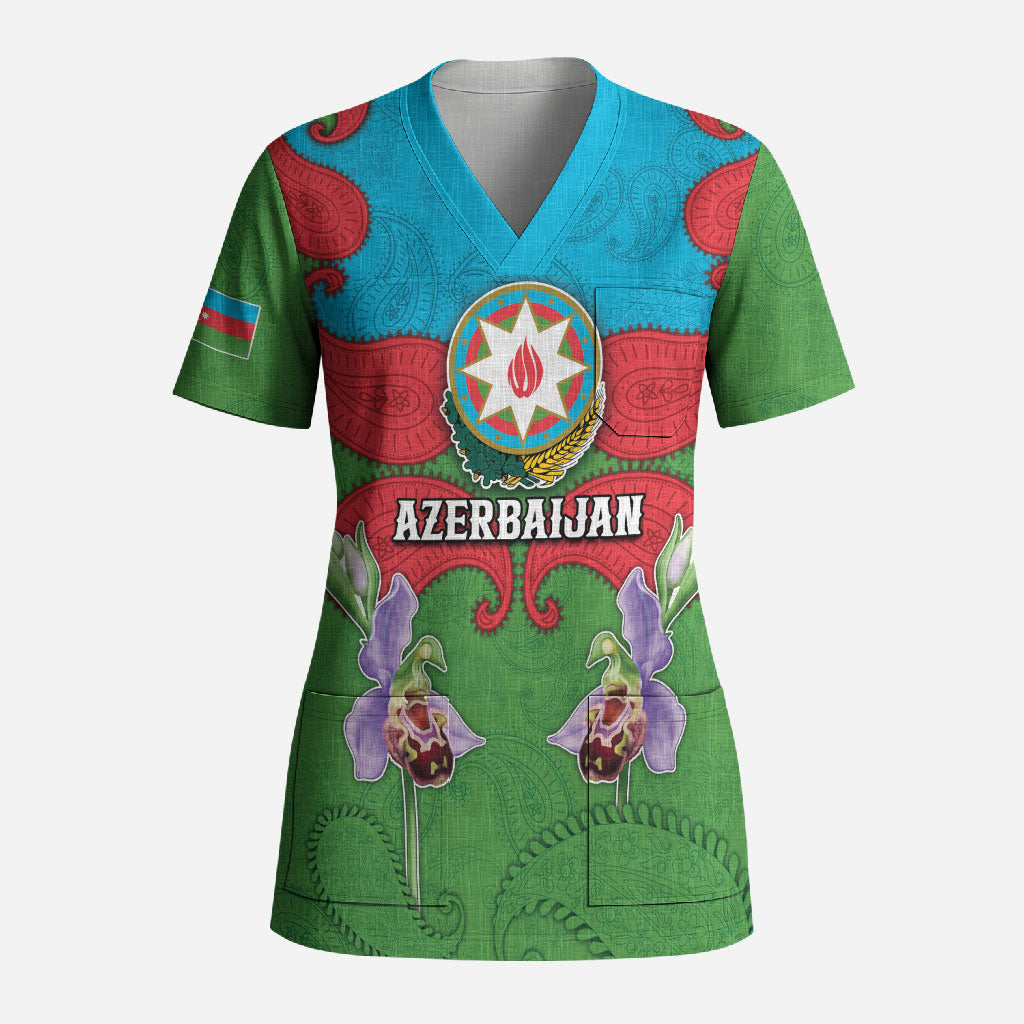 Personalized Azerbaijan Scrub Top Khari Bulbul Buta Pattern Emblem Flame