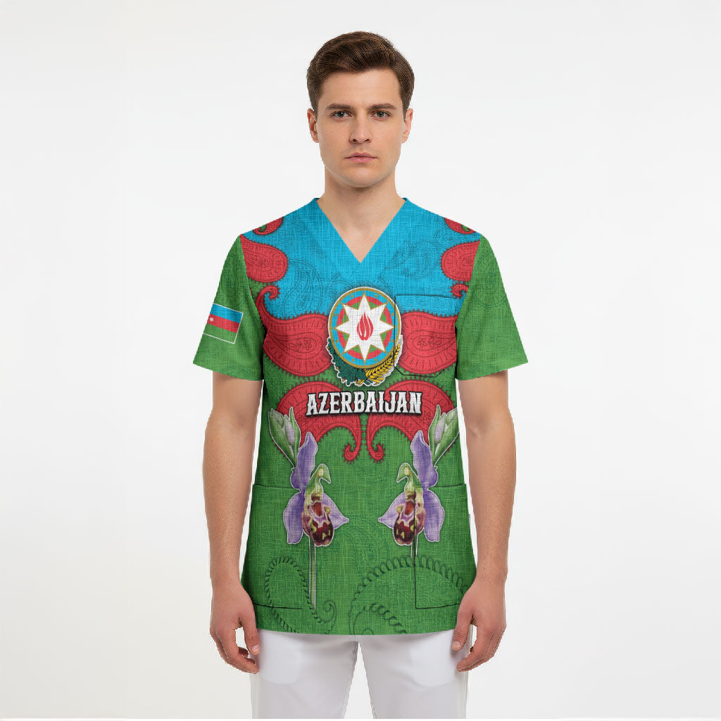 Personalized Azerbaijan Scrub Top Khari Bulbul Buta Pattern Emblem Flame