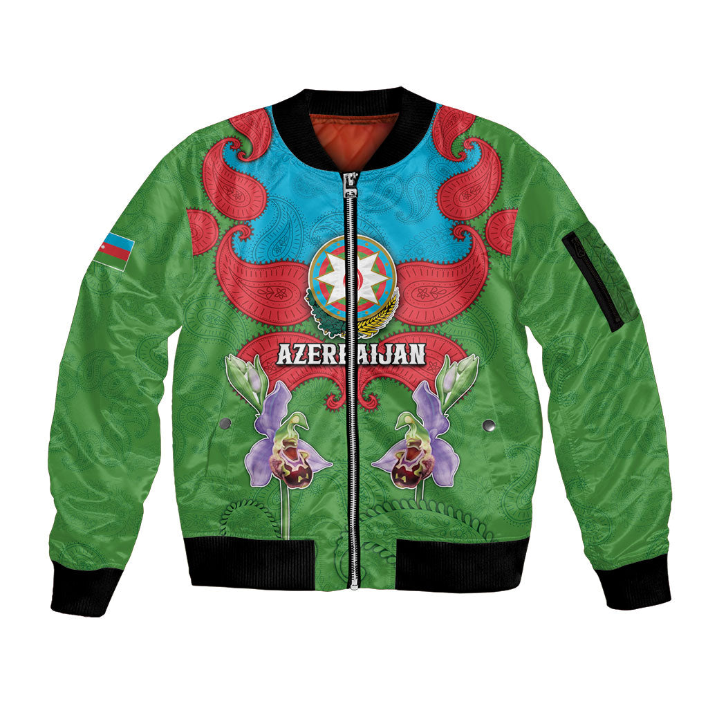 Personalized Azerbaijan Sleeve Zip Bomber Jacket Khari Bulbul Buta Pattern Emblem Flame