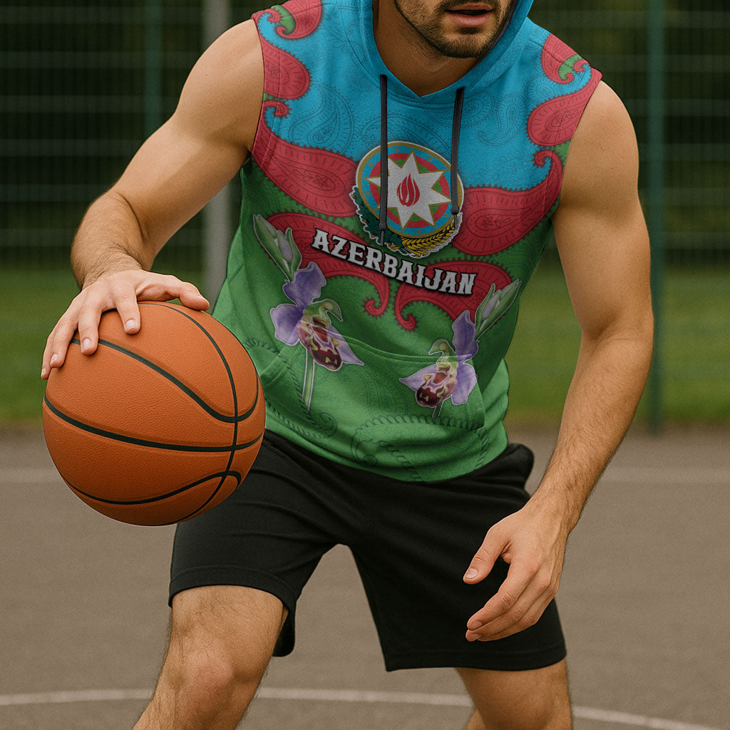 Personalized Azerbaijan Sleeveless Hoodie Khari Bulbul Buta Pattern Emblem Flame