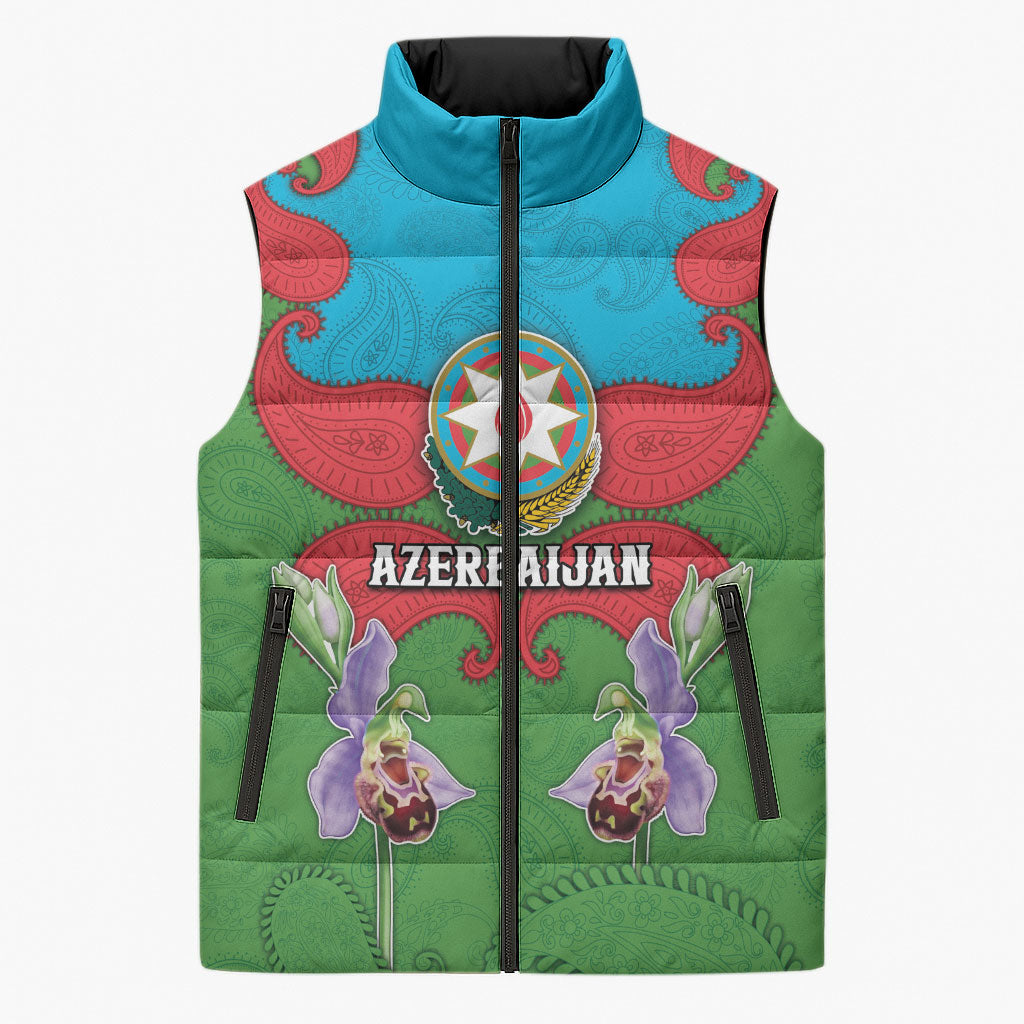Personalized Azerbaijan Sleeveless Puffer Jacket Khari Bulbul Buta Pattern Emblem Flame