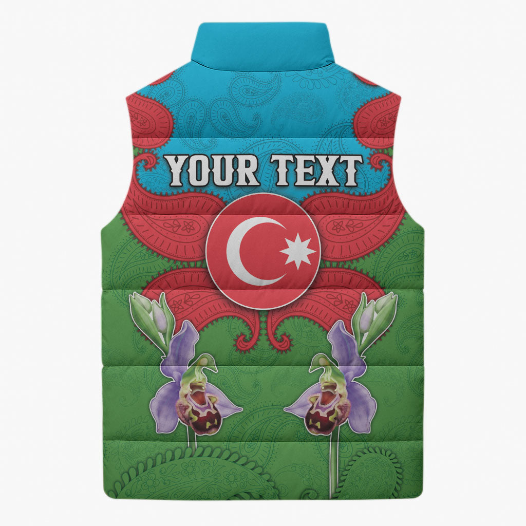 Personalized Azerbaijan Sleeveless Puffer Jacket Khari Bulbul Buta Pattern Emblem Flame