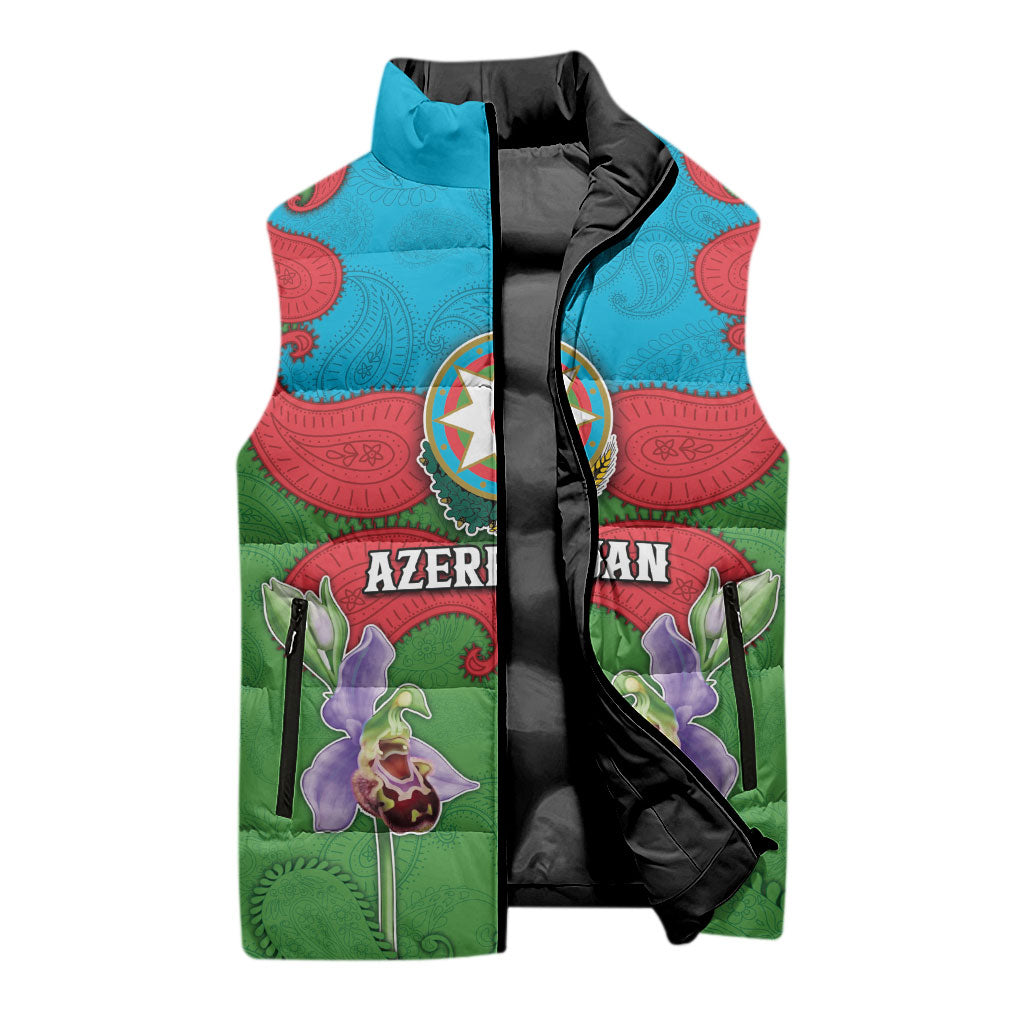 Personalized Azerbaijan Sleeveless Puffer Jacket Khari Bulbul Buta Pattern Emblem Flame