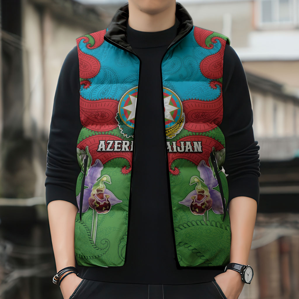 Personalized Azerbaijan Sleeveless Puffer Jacket Khari Bulbul Buta Pattern Emblem Flame