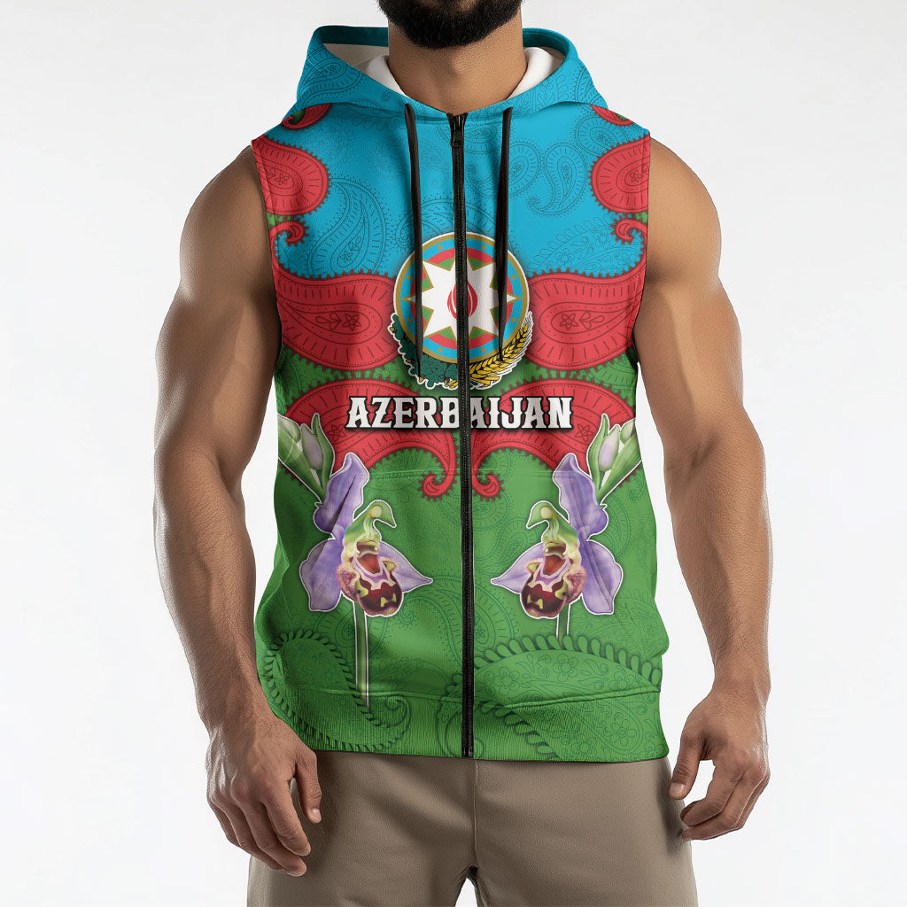 Personalized Azerbaijan Sleeveless Zip Hoodie Khari Bulbul Buta Pattern Emblem Flame