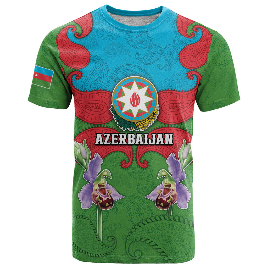 Personalized Azerbaijan T Shirt Khari Bulbul Buta Pattern Emblem Flame