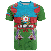 Personalized Azerbaijan T Shirt Khari Bulbul Buta Pattern Emblem Flame