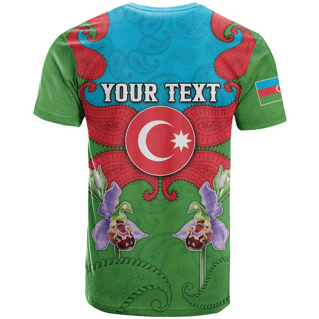 Personalized Azerbaijan T Shirt Khari Bulbul Buta Pattern Emblem Flame