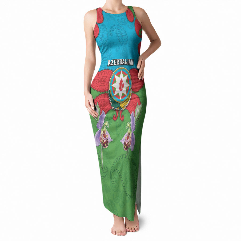 Personalized Azerbaijan Tank Maxi Dress Khari Bulbul Buta Pattern Emblem Flame