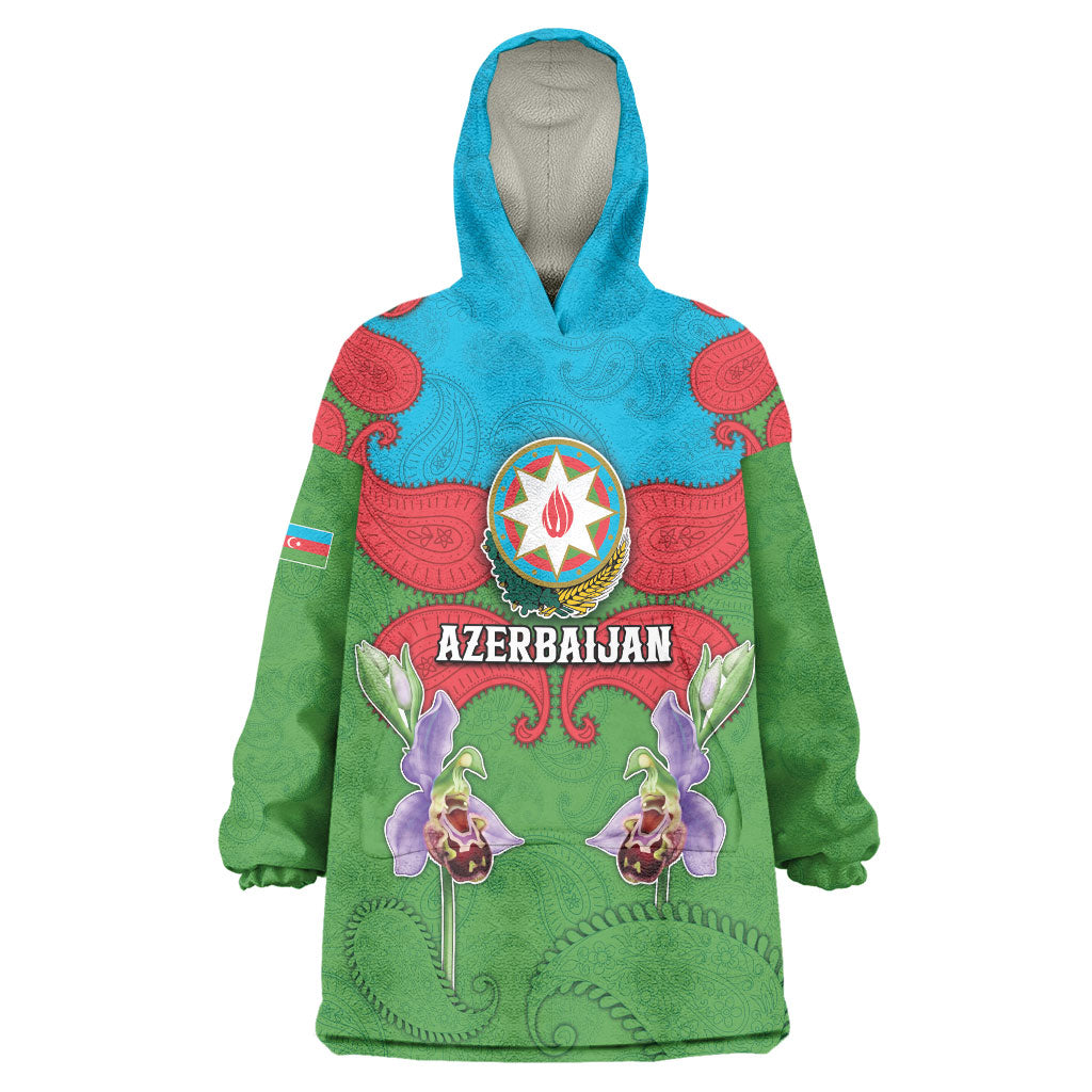 Personalized Azerbaijan Wearable Blanket Hoodie Khari Bulbul Buta Pattern Emblem Flame
