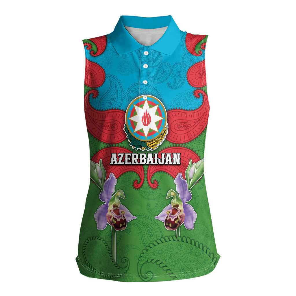 Personalized Azerbaijan Women Sleeveless Polo Shirt Khari Bulbul Buta Pattern Emblem Flame