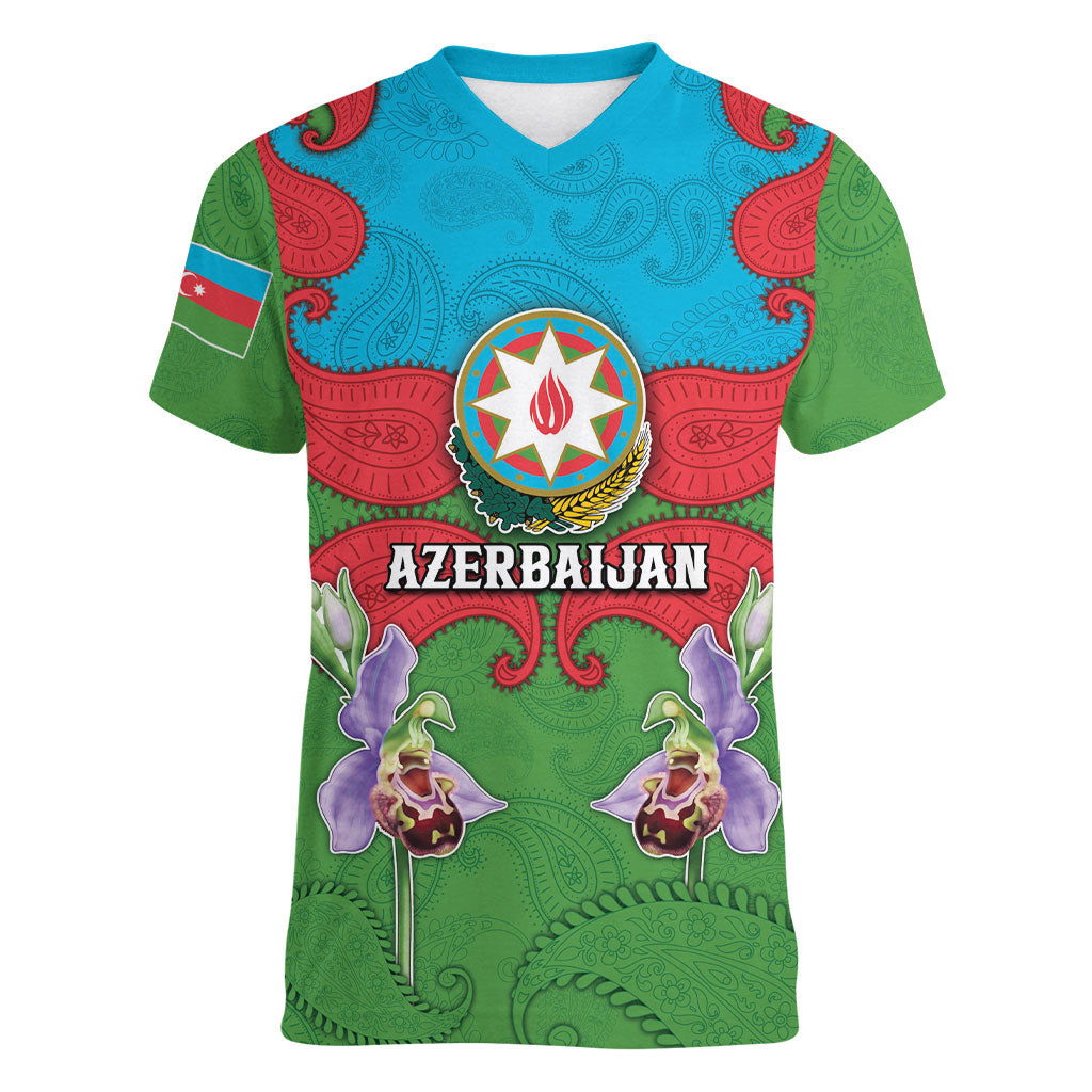 Personalized Azerbaijan Women V-Neck T-Shirt Khari Bulbul Buta Pattern Emblem Flame