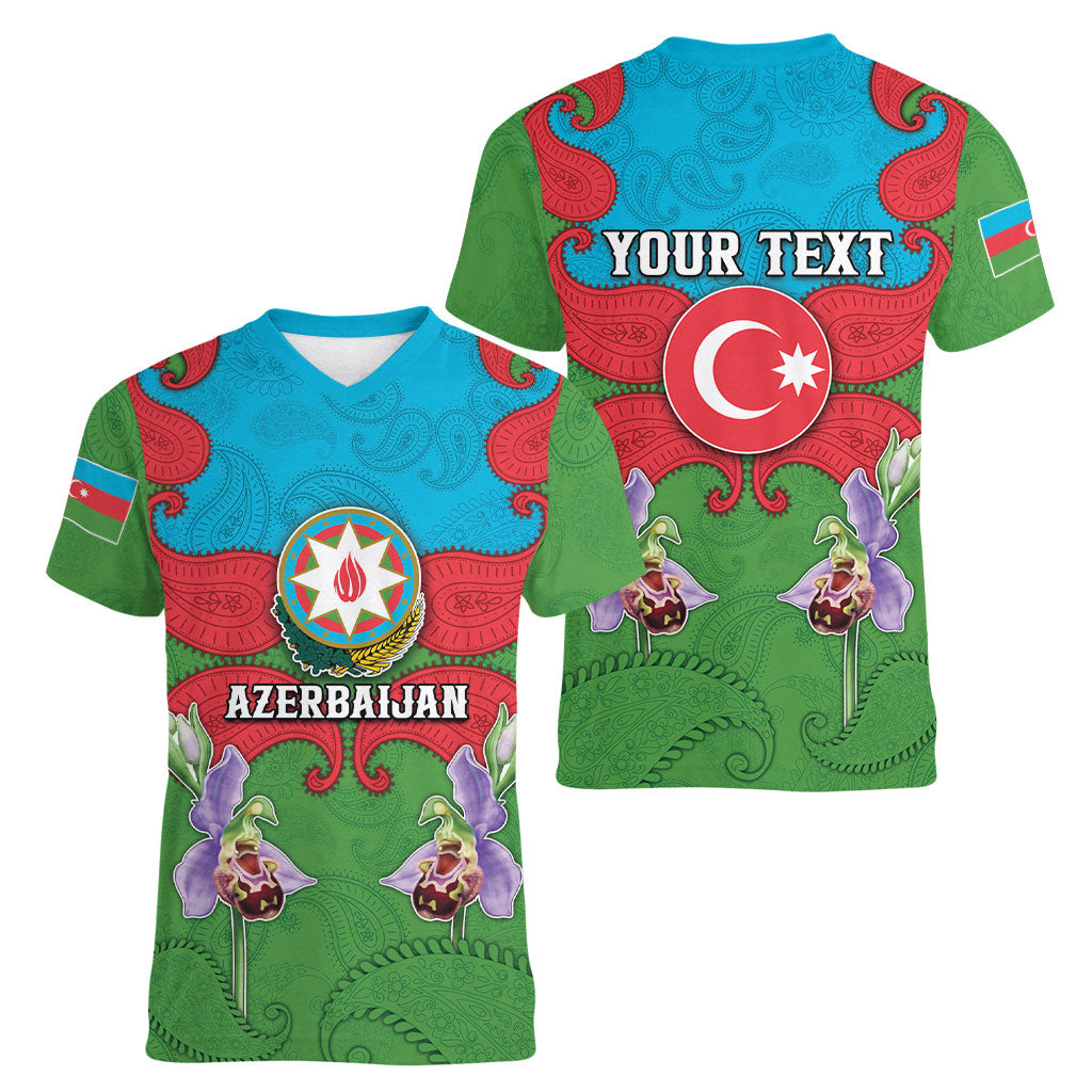 Personalized Azerbaijan Women V-Neck T-Shirt Khari Bulbul Buta Pattern Emblem Flame