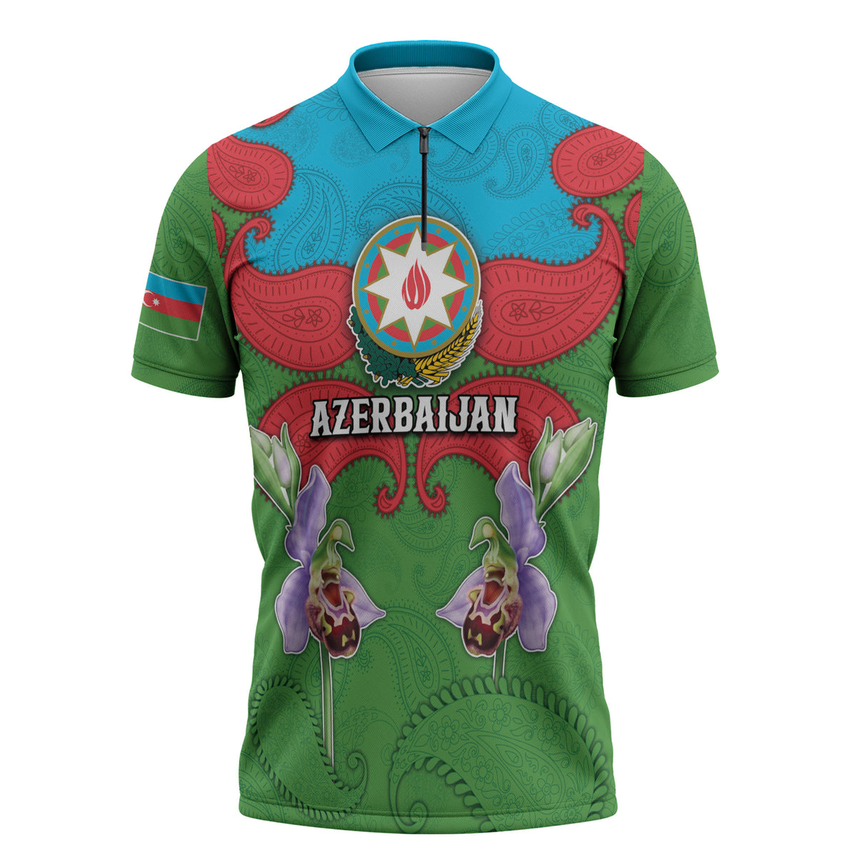 Personalized Azerbaijan Zipper Polo Shirt Khari Bulbul Buta Pattern Emblem Flame