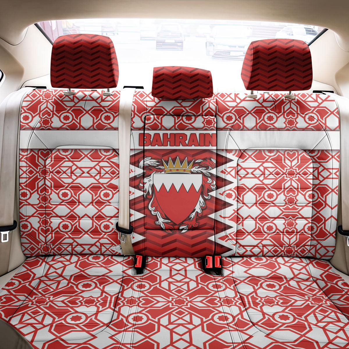 Bahrain Back Car Seat Cover Royal Coat Of Arms And Map Islamic Pattern