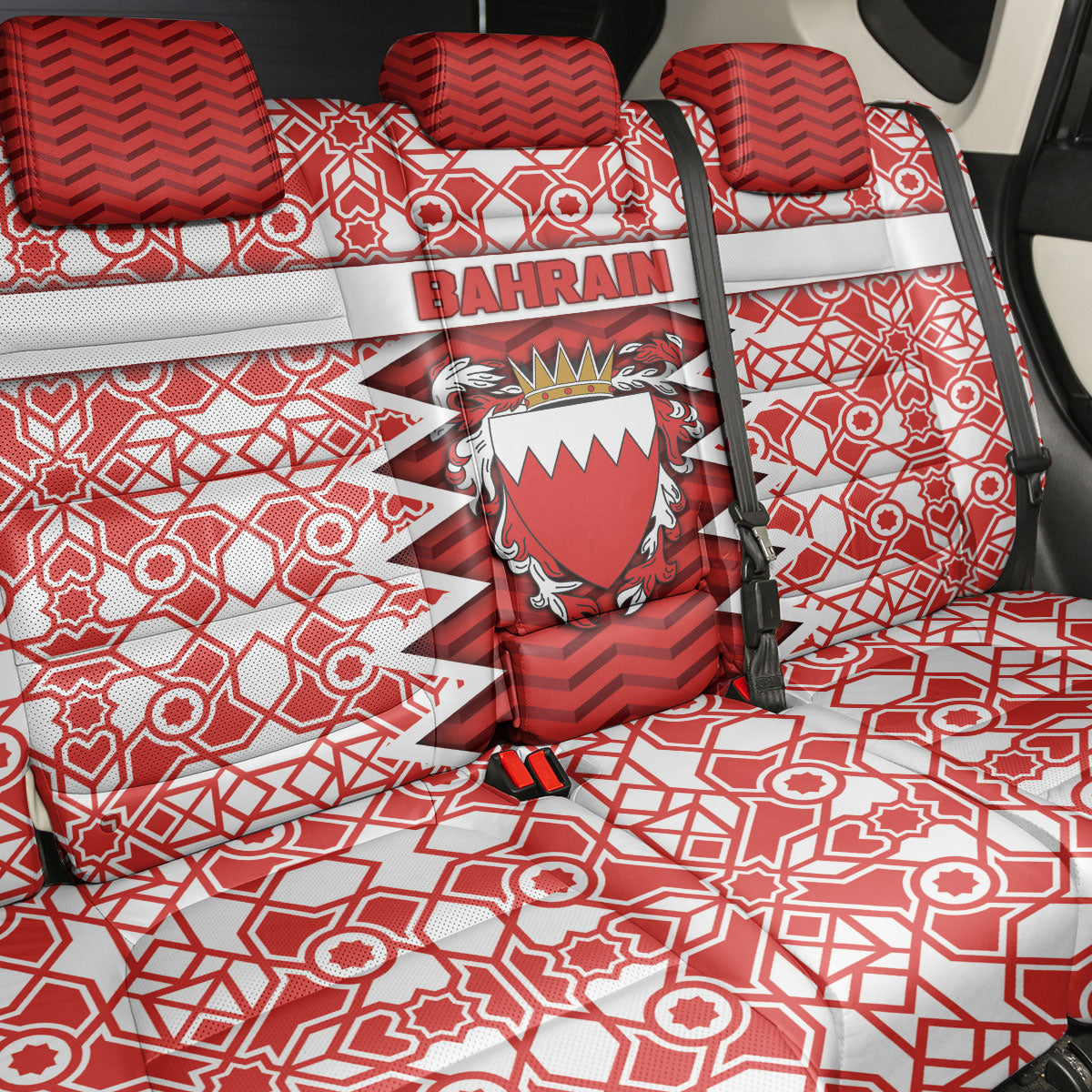 Bahrain Back Car Seat Cover Royal Coat Of Arms And Map Islamic Pattern