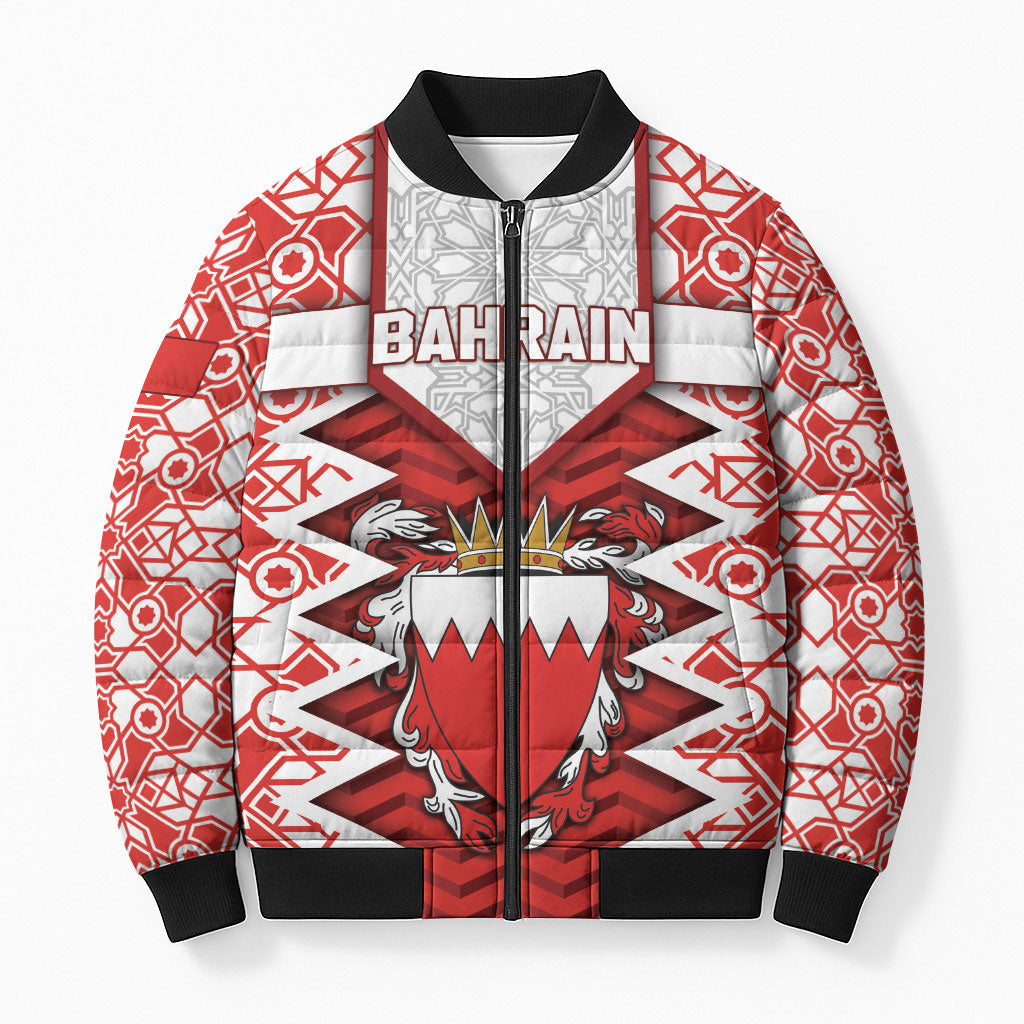 Personalized Bahrain Bomber Puffer Jacket Royal Coat Of Arms And Map Islamic Pattern