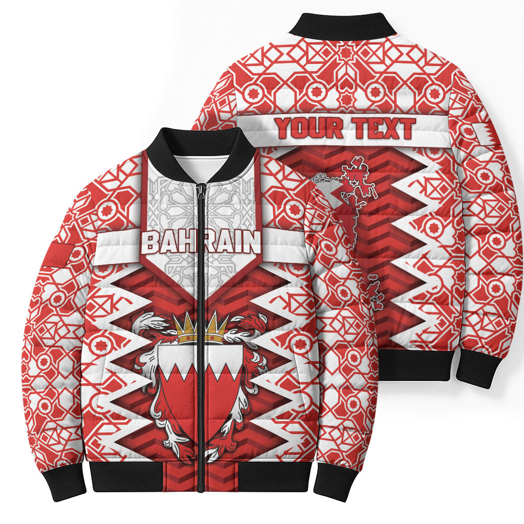 Personalized Bahrain Bomber Puffer Jacket Royal Coat Of Arms And Map Islamic Pattern