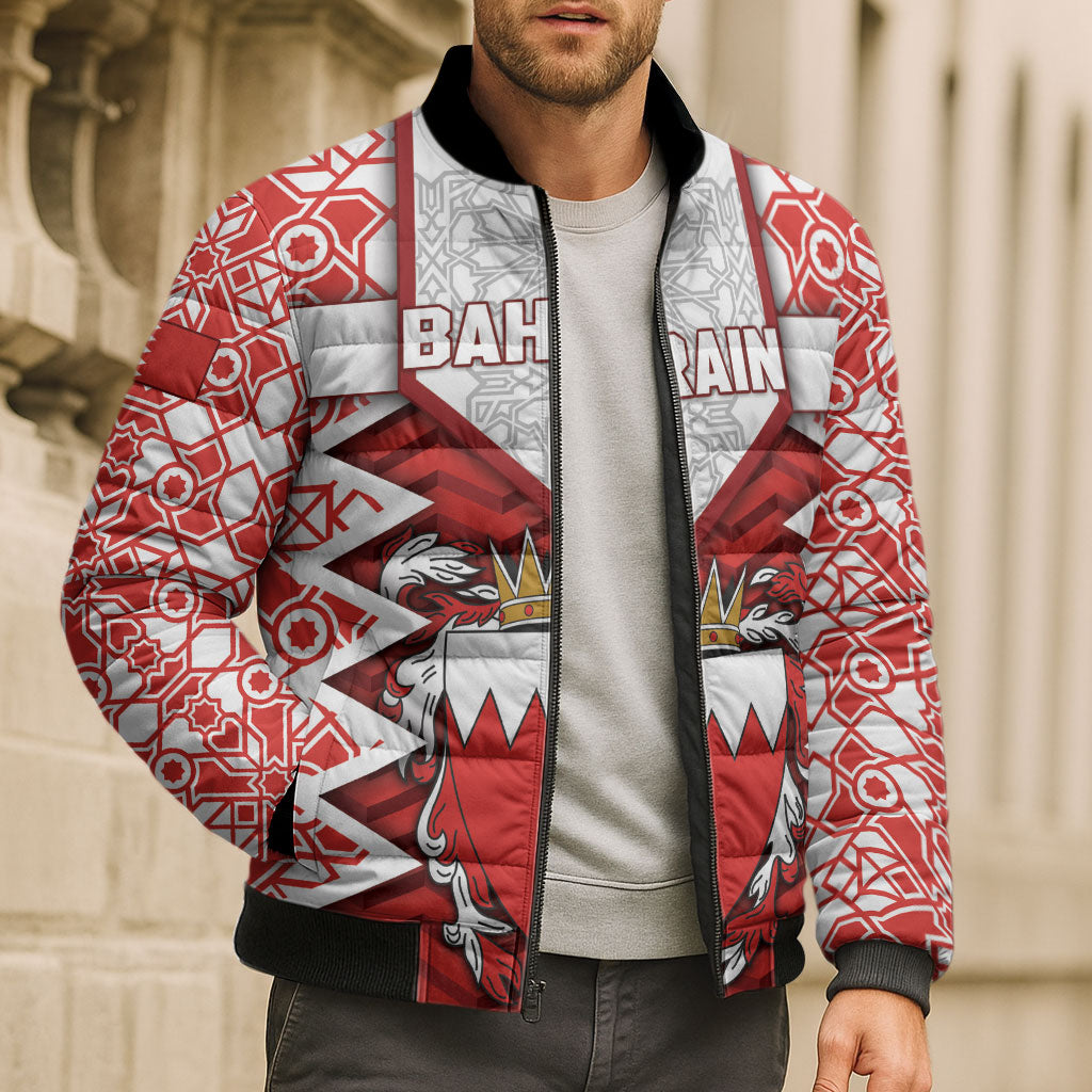 Personalized Bahrain Bomber Puffer Jacket Royal Coat Of Arms And Map Islamic Pattern