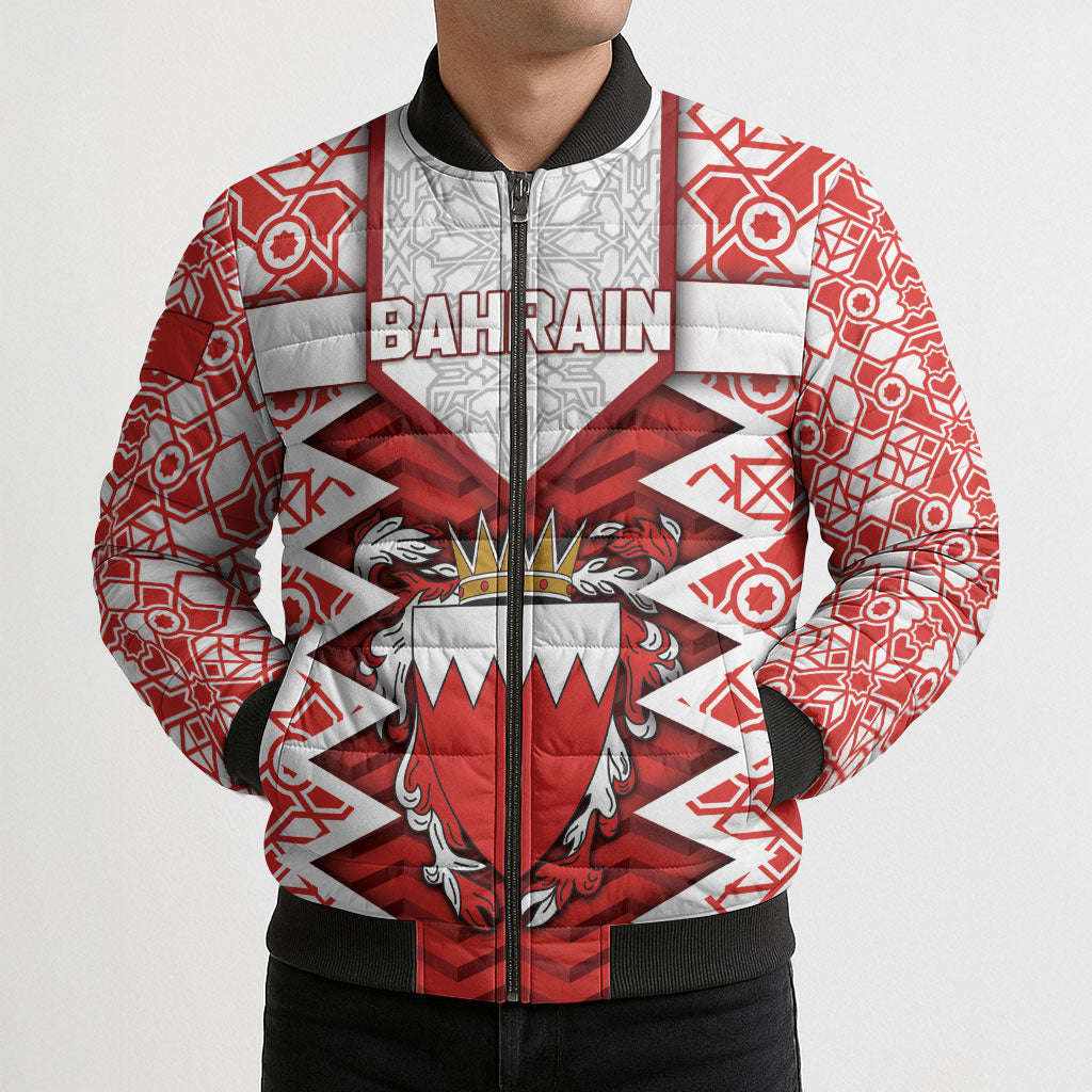 Personalized Bahrain Bomber Puffer Jacket Royal Coat Of Arms And Map Islamic Pattern