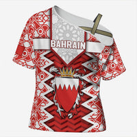 Personalized Bahrain Cross Shoulder Shirt Royal Coat Of Arms And Map Islamic Pattern