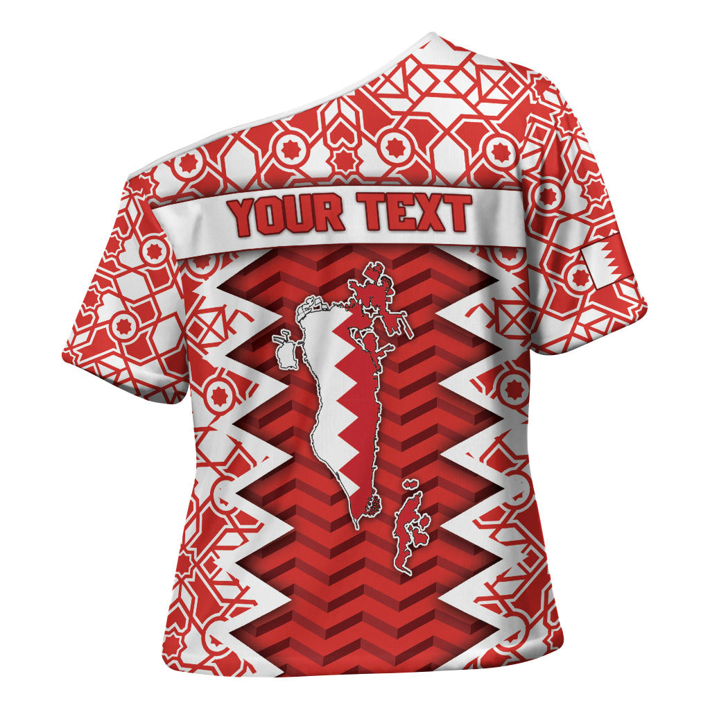 Personalized Bahrain Cross Shoulder Shirt Royal Coat Of Arms And Map Islamic Pattern