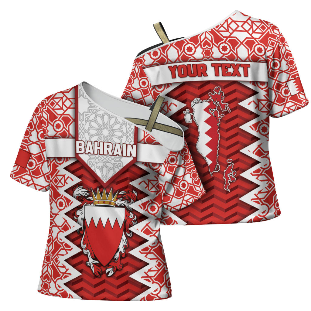 Personalized Bahrain Cross Shoulder Shirt Royal Coat Of Arms And Map Islamic Pattern