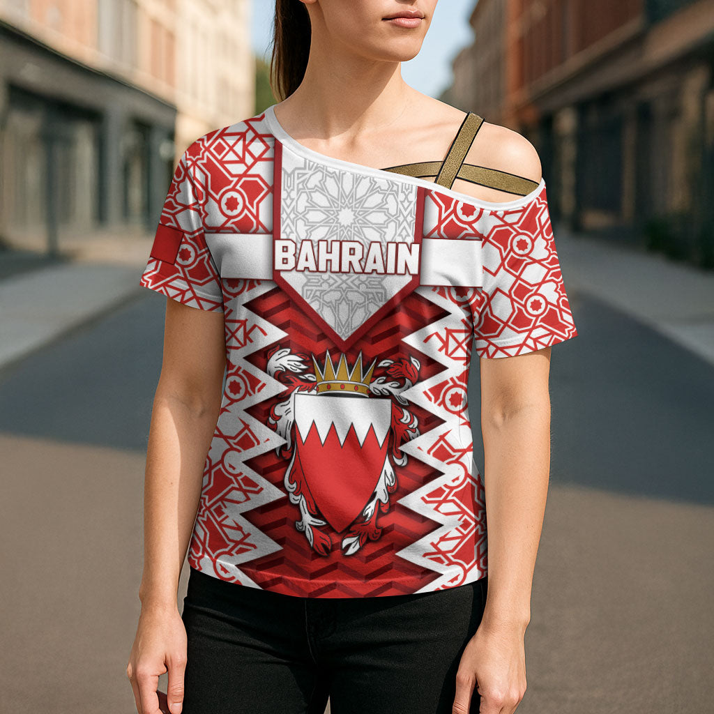 Personalized Bahrain Cross Shoulder Shirt Royal Coat Of Arms And Map Islamic Pattern