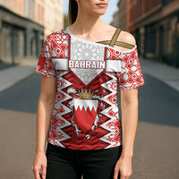 Personalized Bahrain Cross Shoulder Shirt Royal Coat Of Arms And Map Islamic Pattern