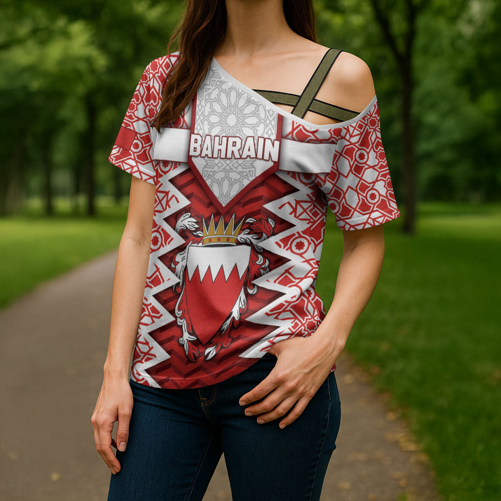 Personalized Bahrain Cross Shoulder Shirt Royal Coat Of Arms And Map Islamic Pattern