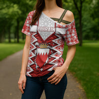 Personalized Bahrain Cross Shoulder Shirt Royal Coat Of Arms And Map Islamic Pattern
