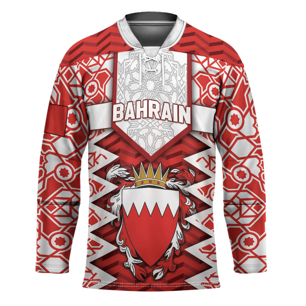 Personalized Bahrain Hockey Jersey Royal Coat Of Arms And Map Islamic Pattern