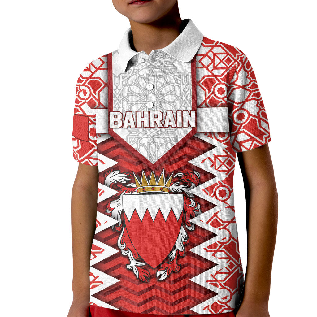 Personalized Bahrain Kid Polo Shirt Royal Coat Of Arms And Map Islamic Pattern