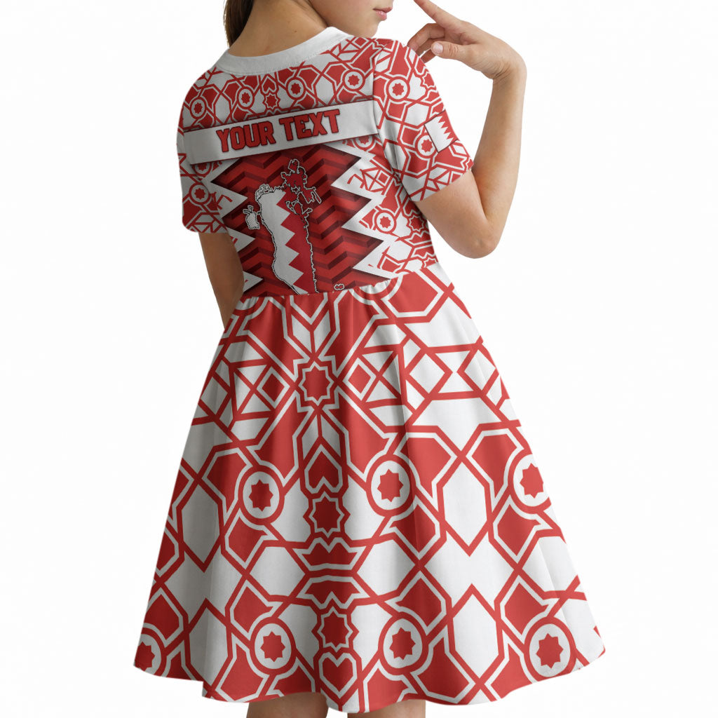 Personalized Bahrain Kid Short Sleeve Dress Royal Coat Of Arms And Map Islamic Pattern