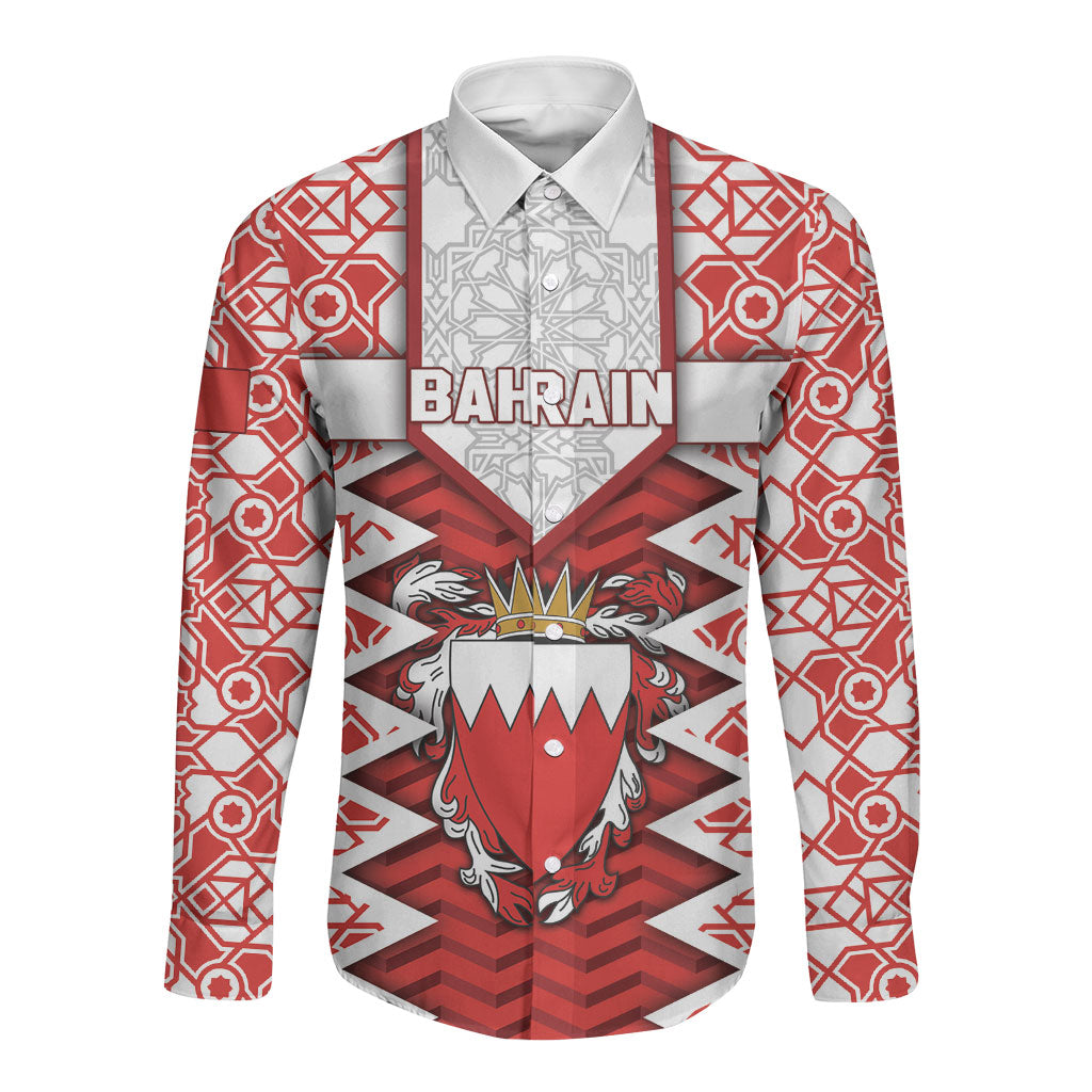 Personalized Bahrain Long Sleeve Button Shirt Royal Coat Of Arms And Map Islamic Pattern
