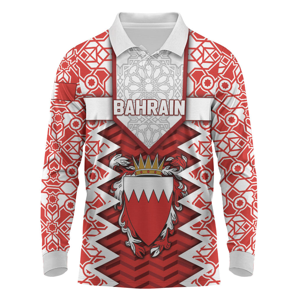 Personalized Bahrain Long Sleeve Polo Shirt Royal Coat Of Arms And Map Islamic Pattern