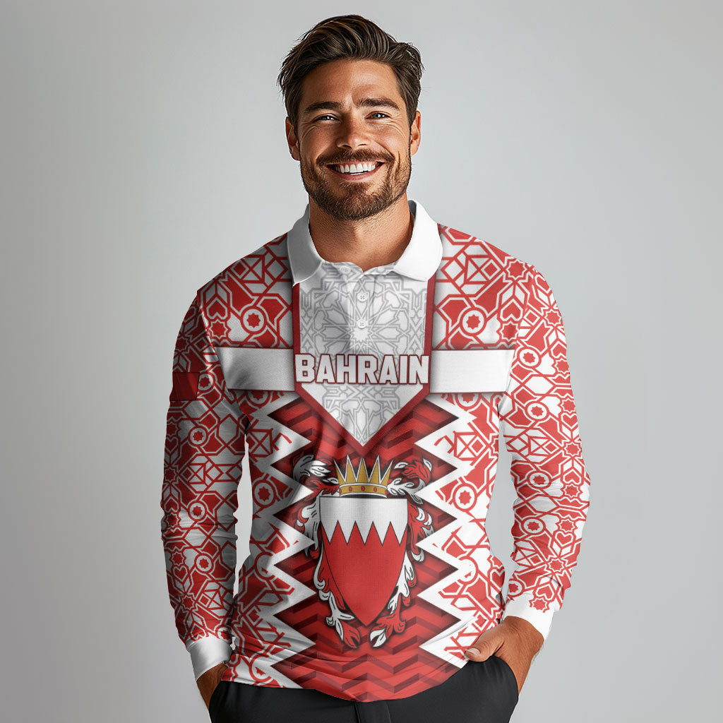 Personalized Bahrain Long Sleeve Polo Shirt Royal Coat Of Arms And Map Islamic Pattern