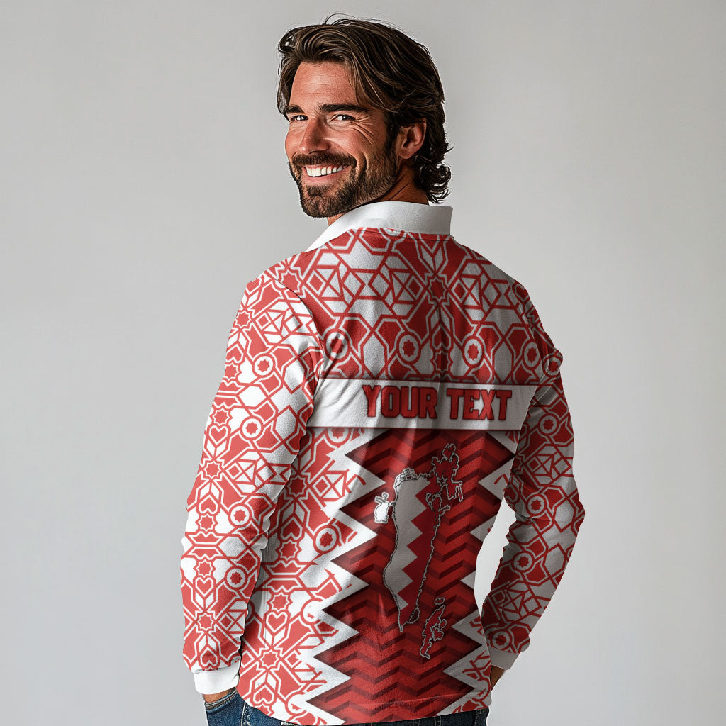 Personalized Bahrain Long Sleeve Polo Shirt Royal Coat Of Arms And Map Islamic Pattern