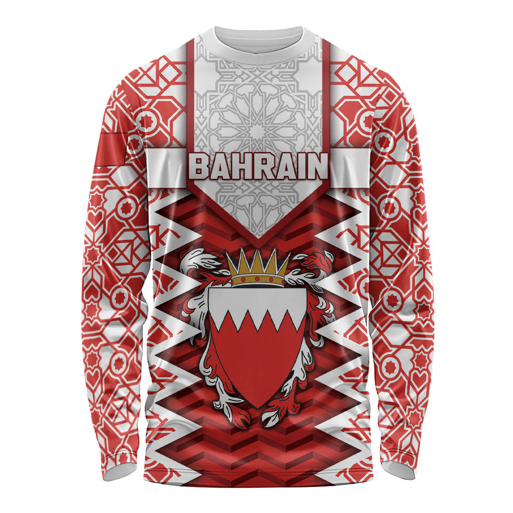 Personalized Bahrain Long Sleeve Shirt Royal Coat Of Arms And Map Islamic Pattern