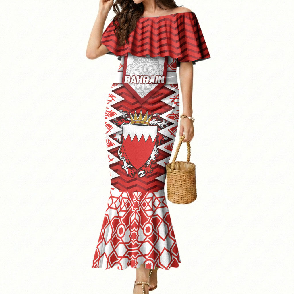 Personalized Bahrain Mermaid Dress Royal Coat Of Arms And Map Islamic Pattern