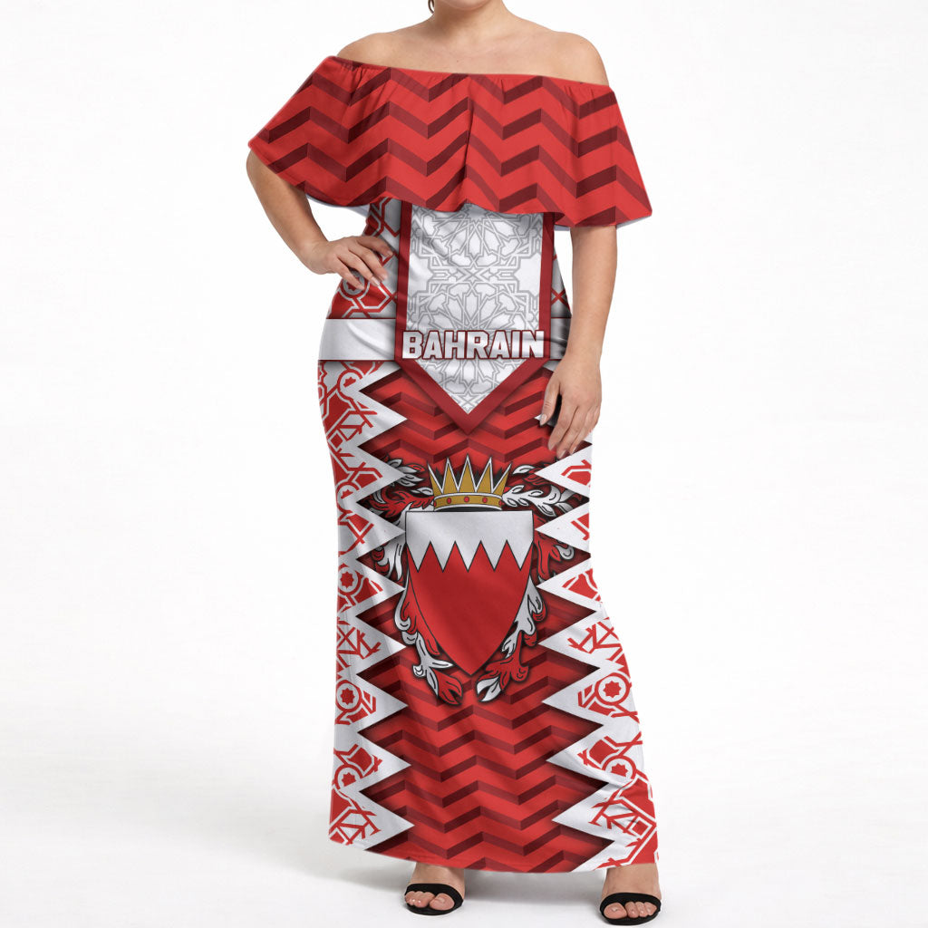 Personalized Bahrain Off Shoulder Maxi Dress Royal Coat Of Arms And Map Islamic Pattern