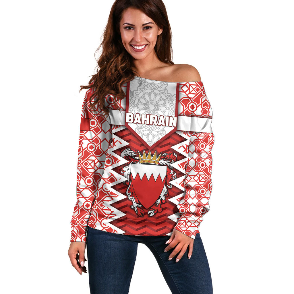Personalized Bahrain Off Shoulder Sweater Royal Coat Of Arms And Map Islamic Pattern
