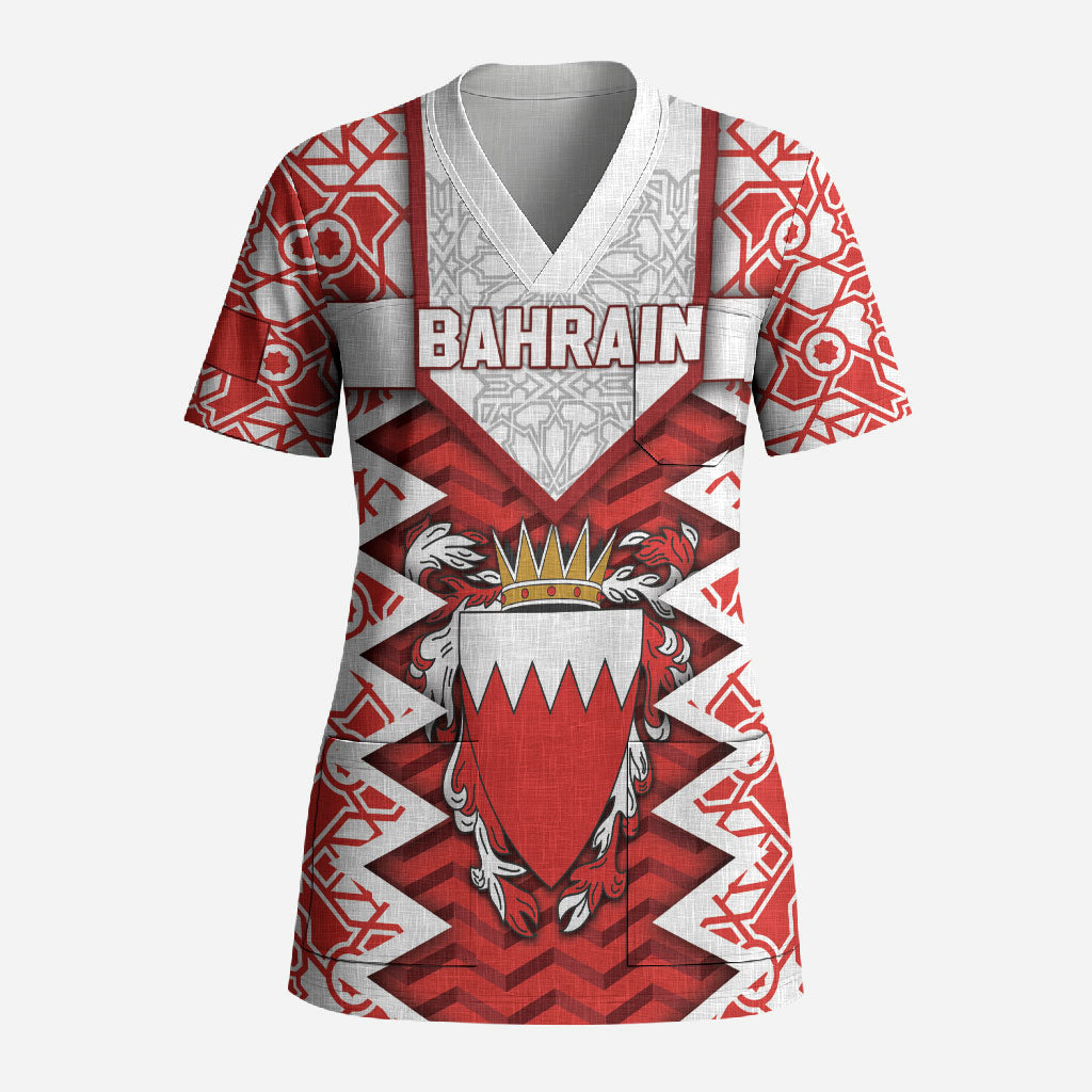 Personalized Bahrain Scrub Top Royal Coat Of Arms And Map Islamic Pattern