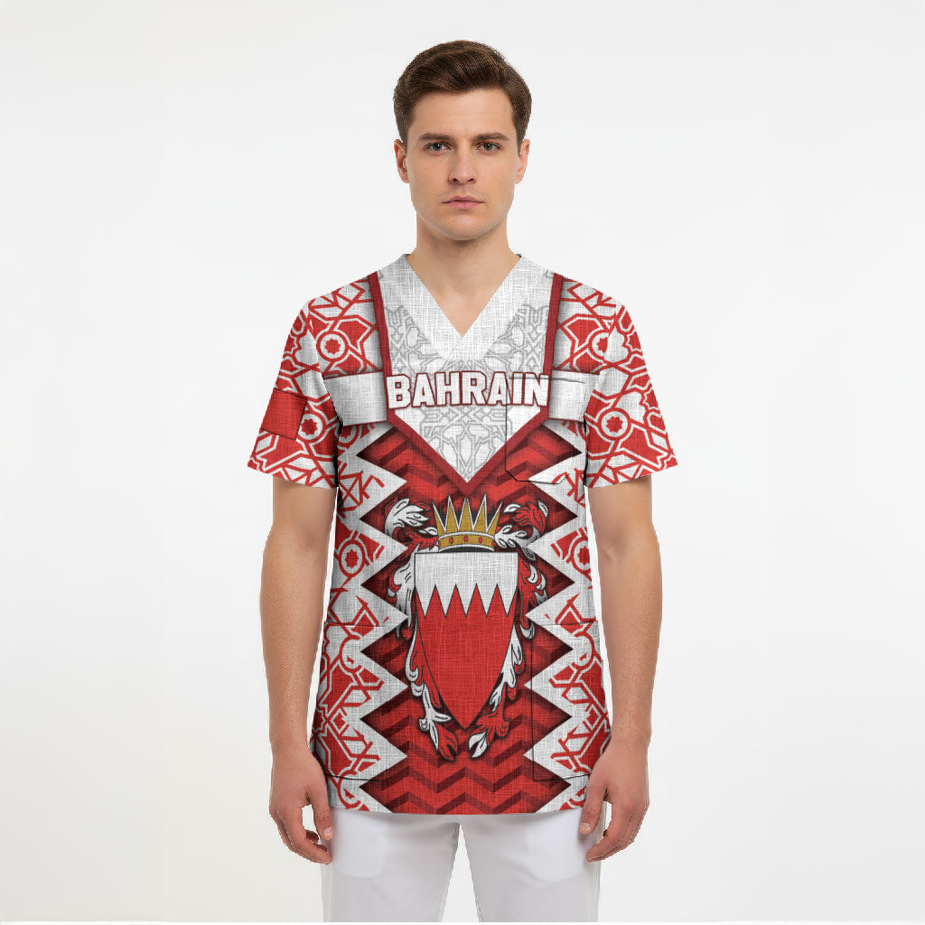 Personalized Bahrain Scrub Top Royal Coat Of Arms And Map Islamic Pattern
