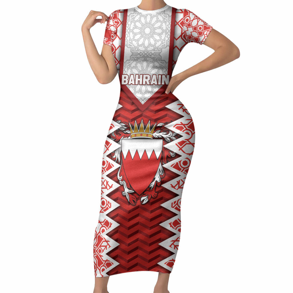 Personalized Bahrain Short Sleeve Bodycon Dress Royal Coat Of Arms And Map Islamic Pattern